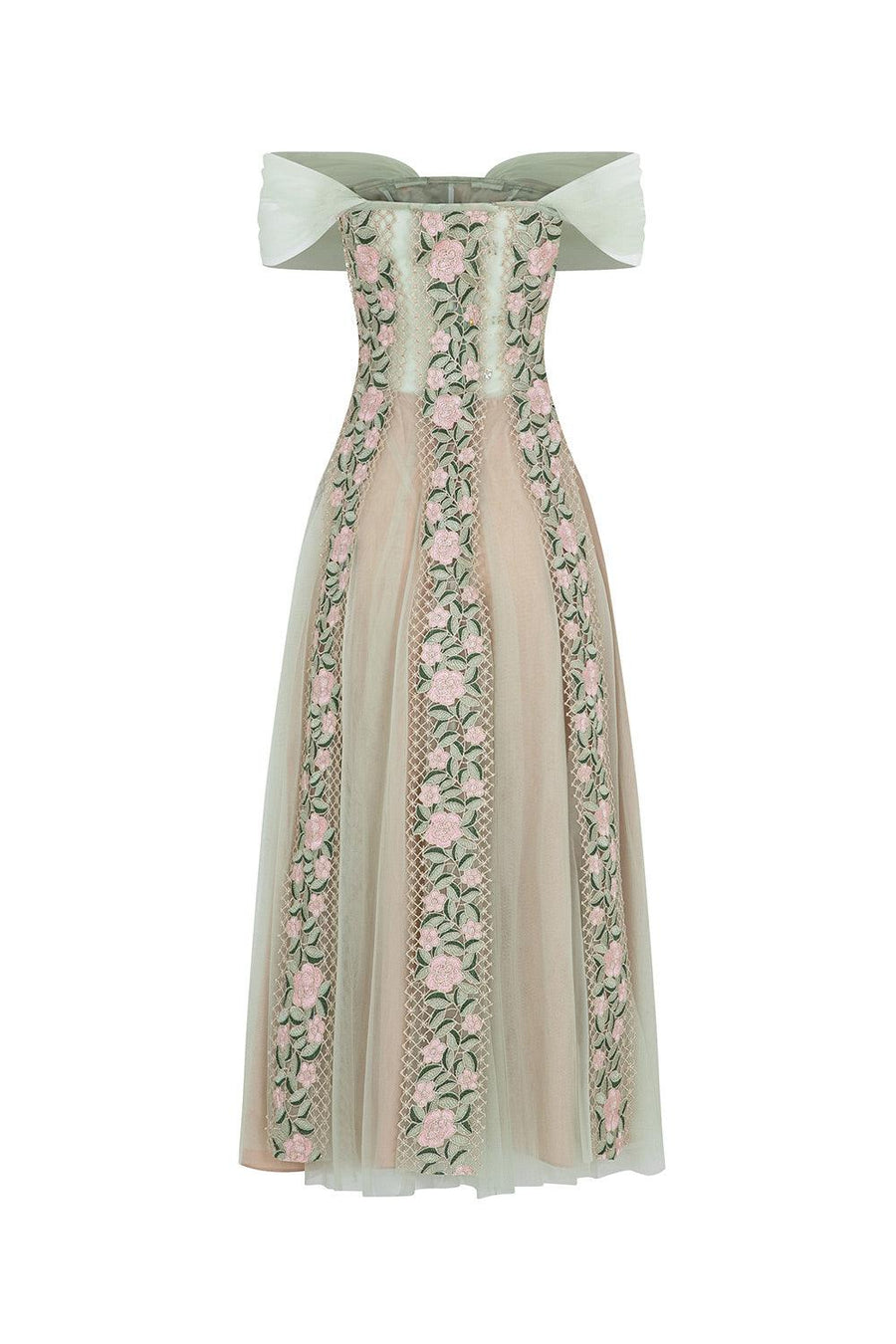 Beverly Gored Off-Shoulder Mesh Lace Calf Length Dress Midi Dress LINH PHUNG