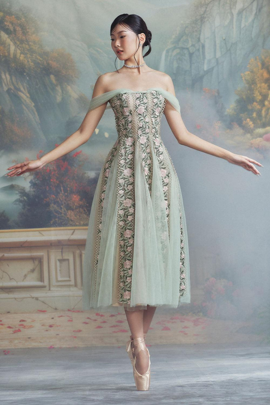 Beverly Gored Off-Shoulder Mesh Lace Calf Length Dress Green Floral Midi Dress LINH PHUNG