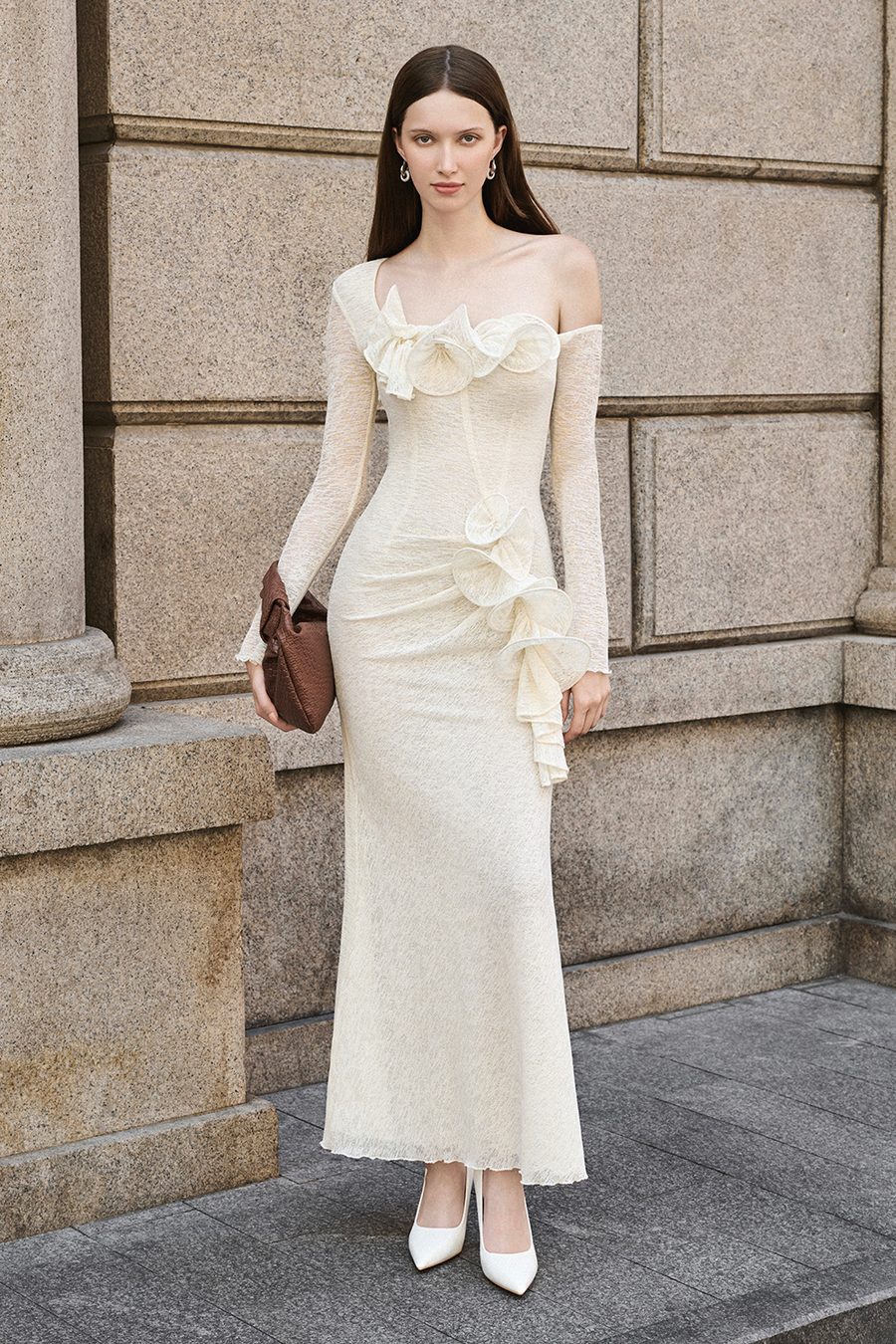 Bloom Asymmetric Sleeve Ruffe Maxi Dress 1