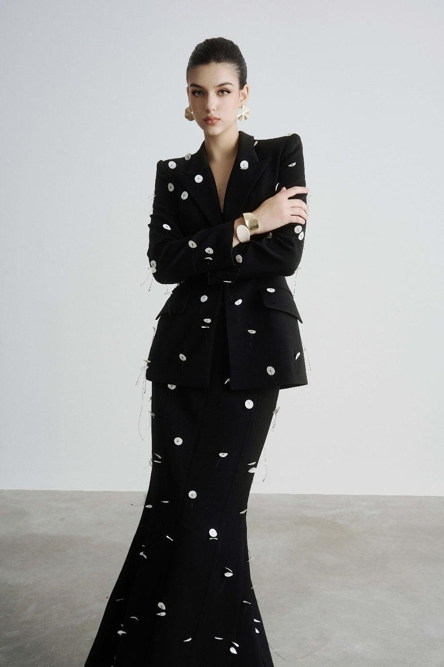 Malani Structured Square Shoulder Polyester Blazer Black Polka Dots Blazer Maison des Copains