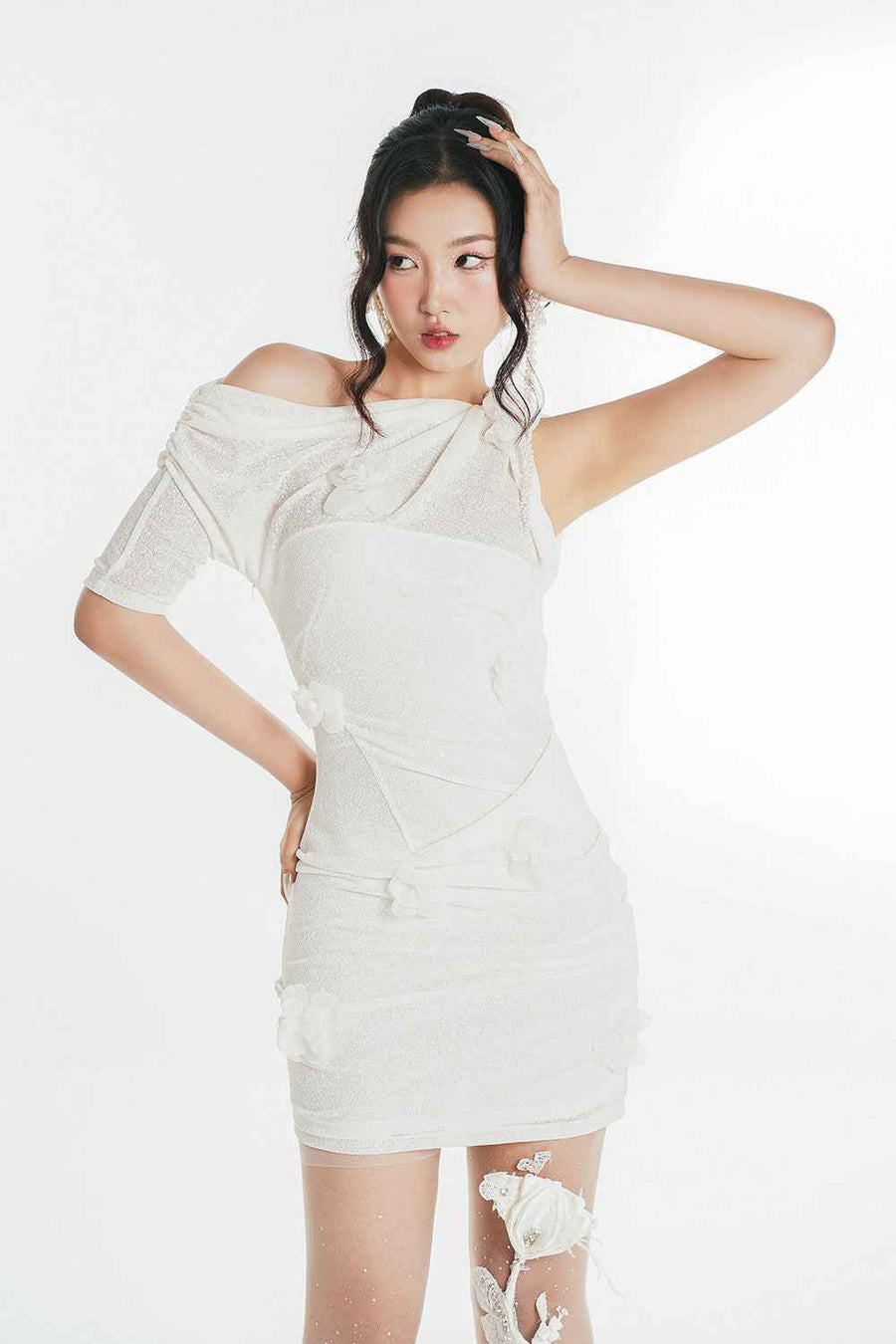 Elysa Bodycon Asymmetric Sleeved Jersey Mini Dress
