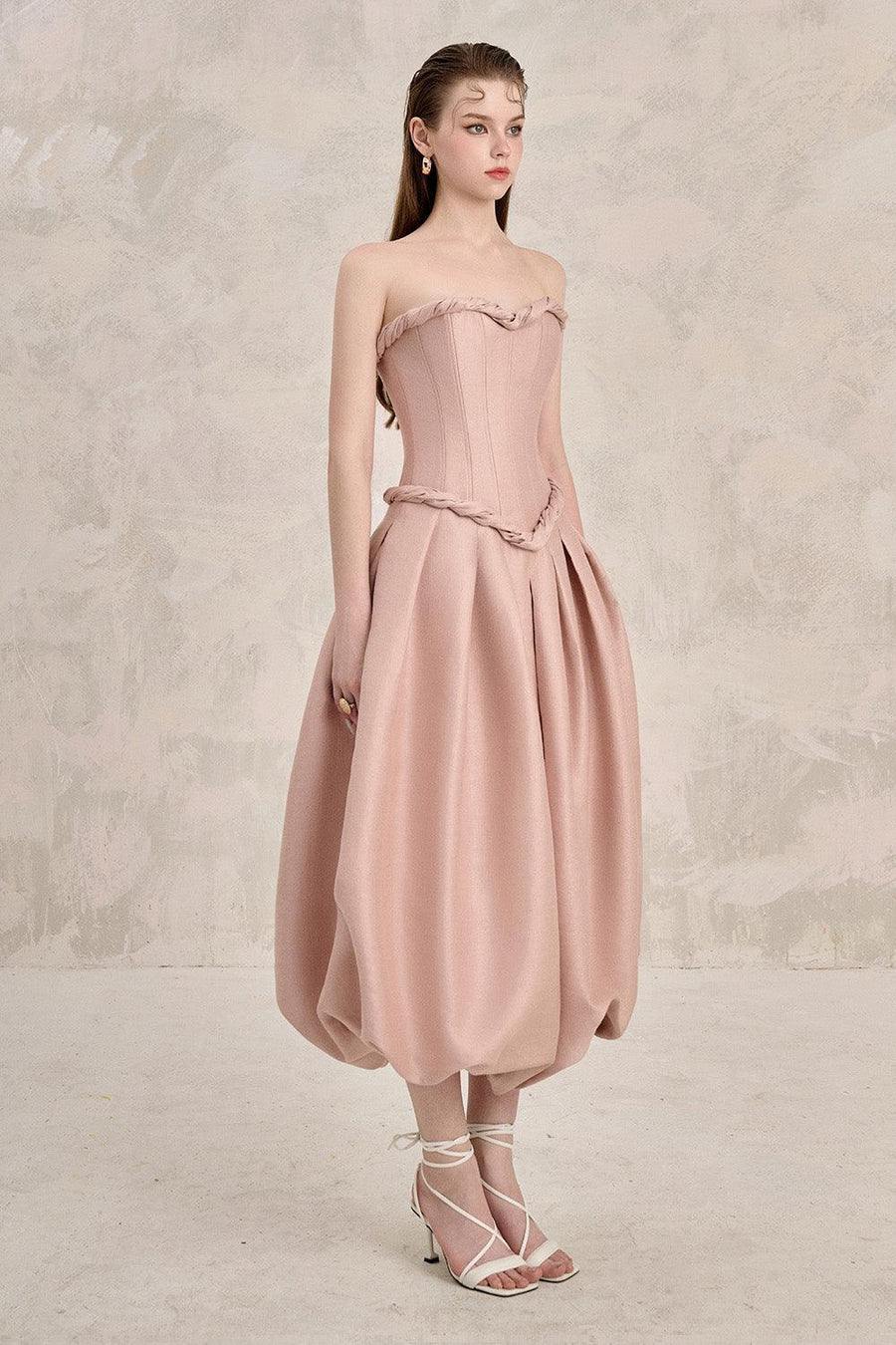 Coralie Bubble Semi-Heart Neck Taffeta Midi Dress Dust Pink Midi Dress LINH PHUNG