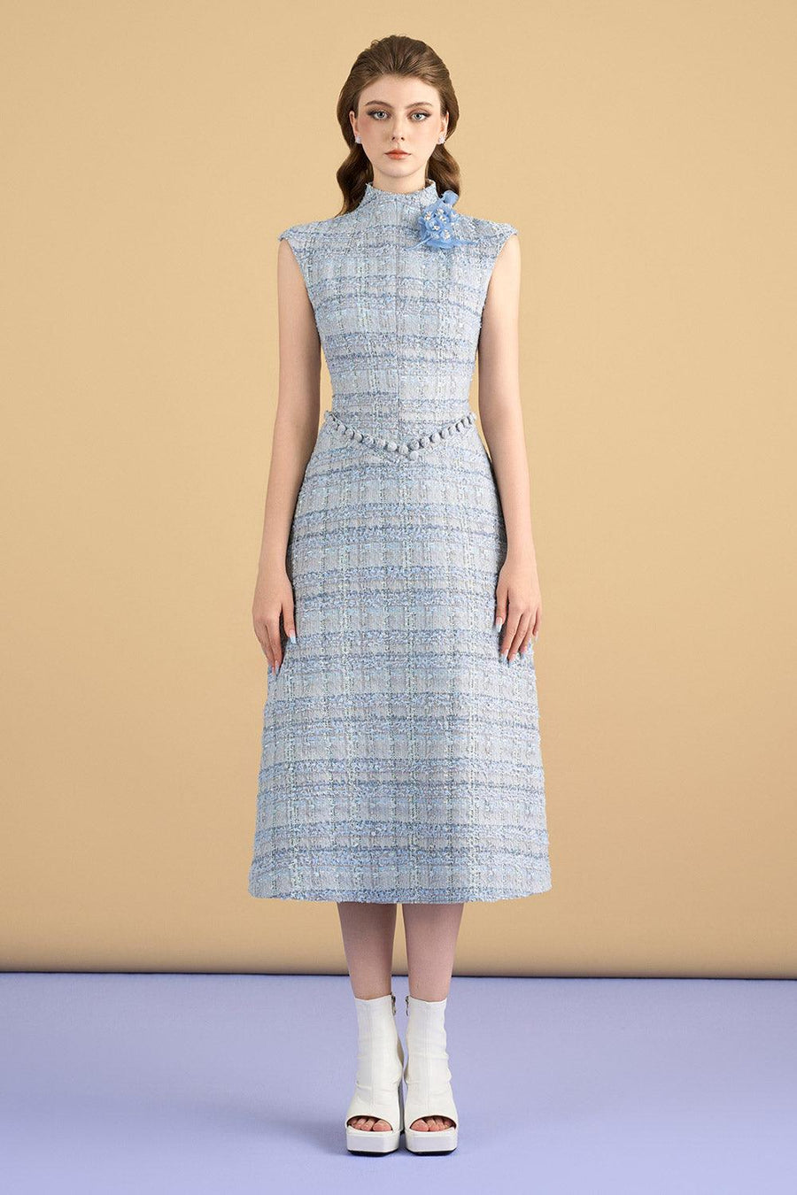 Dallas A-line Mock Neck Tweed Calf Length Dress Midi Dress Cordia