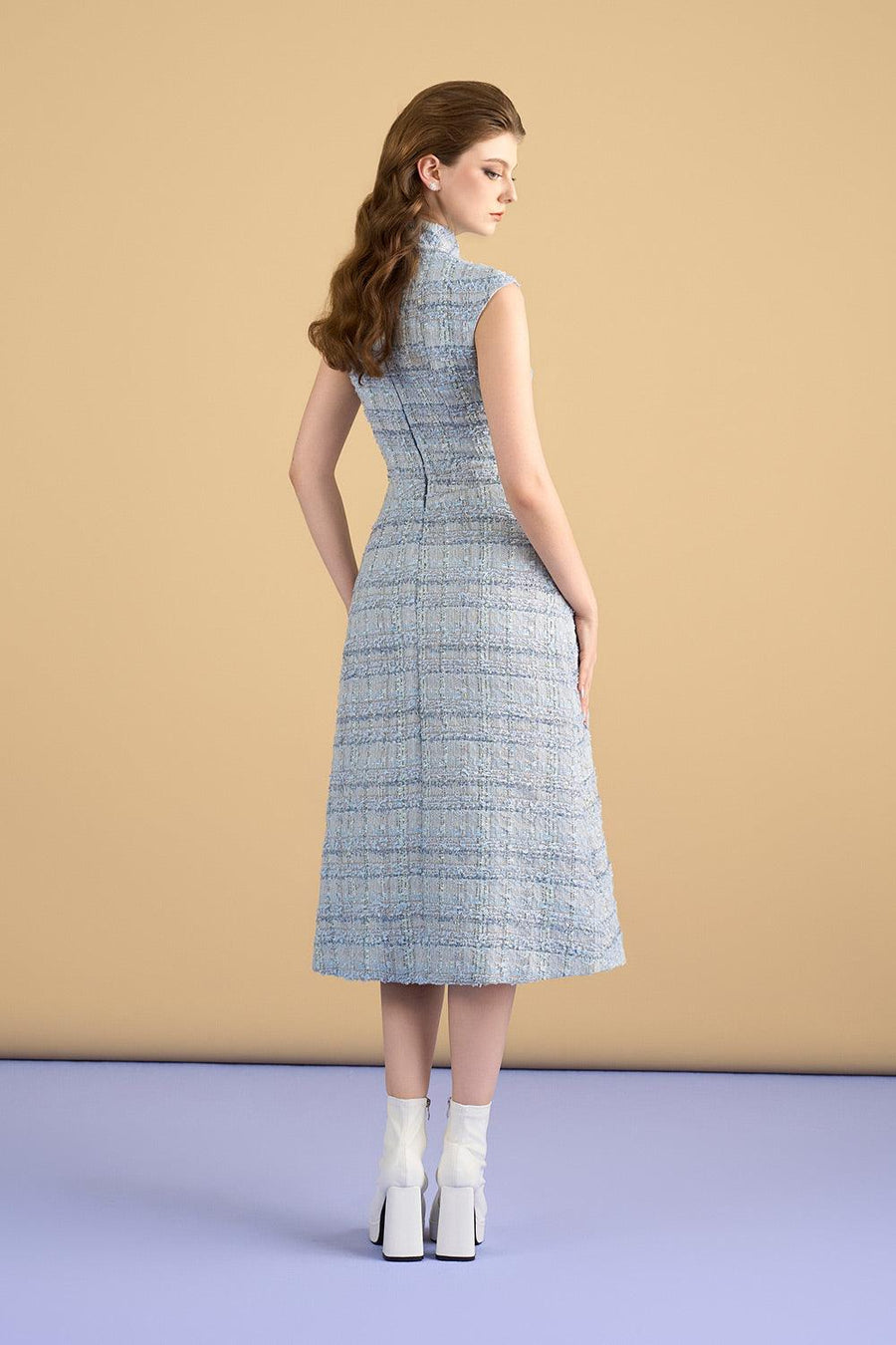 Dallas A-line Mock Neck Tweed Calf Length Dress Midi Dress Cordia