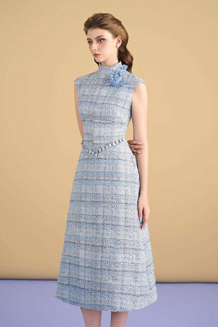 Dallas A-line Mock Neck Tweed Calf Length Dress Midi Dress Cordia