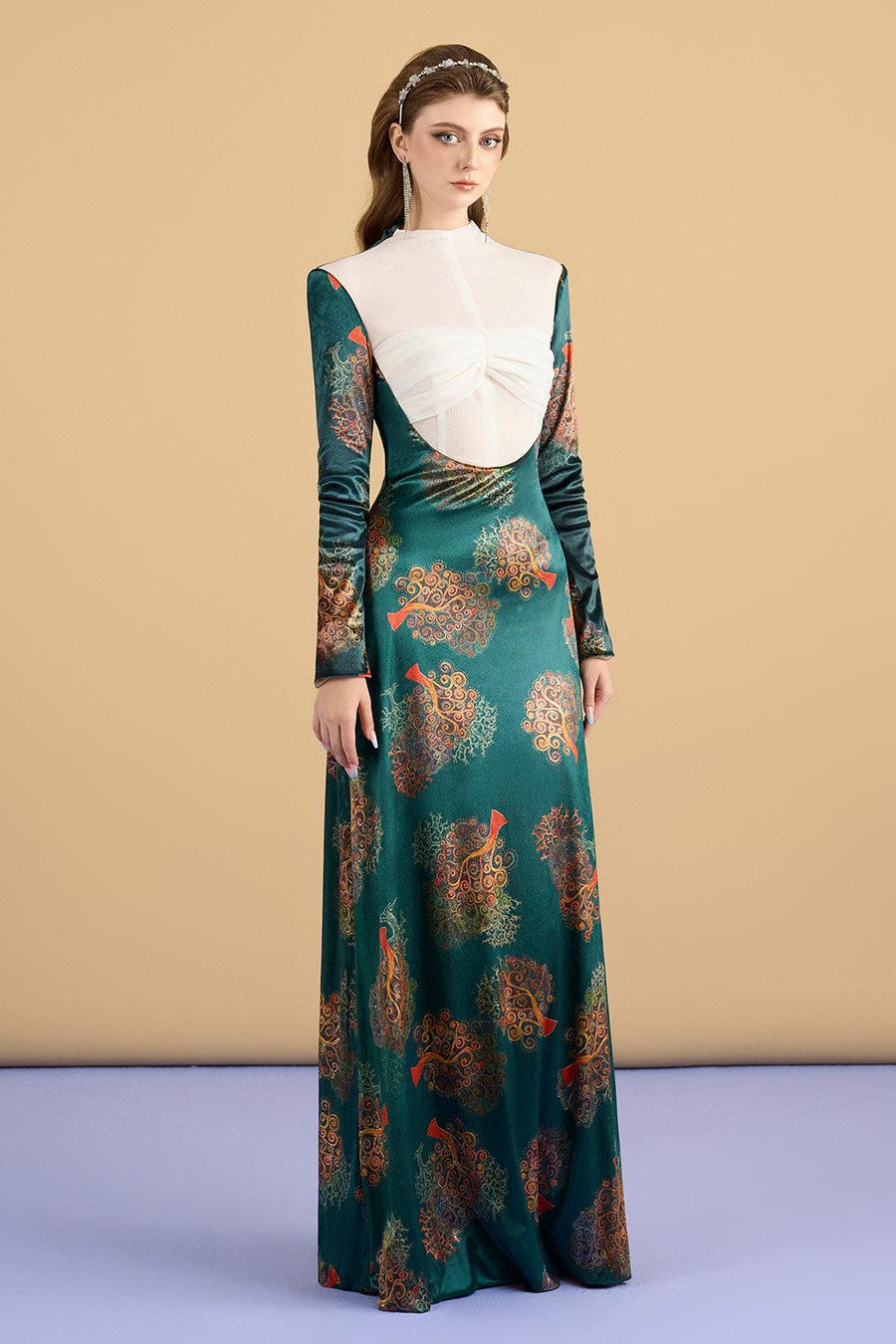 Legacy Sheath Mock Neck Brocade Floor Length Dress Maxi Dress Cordia