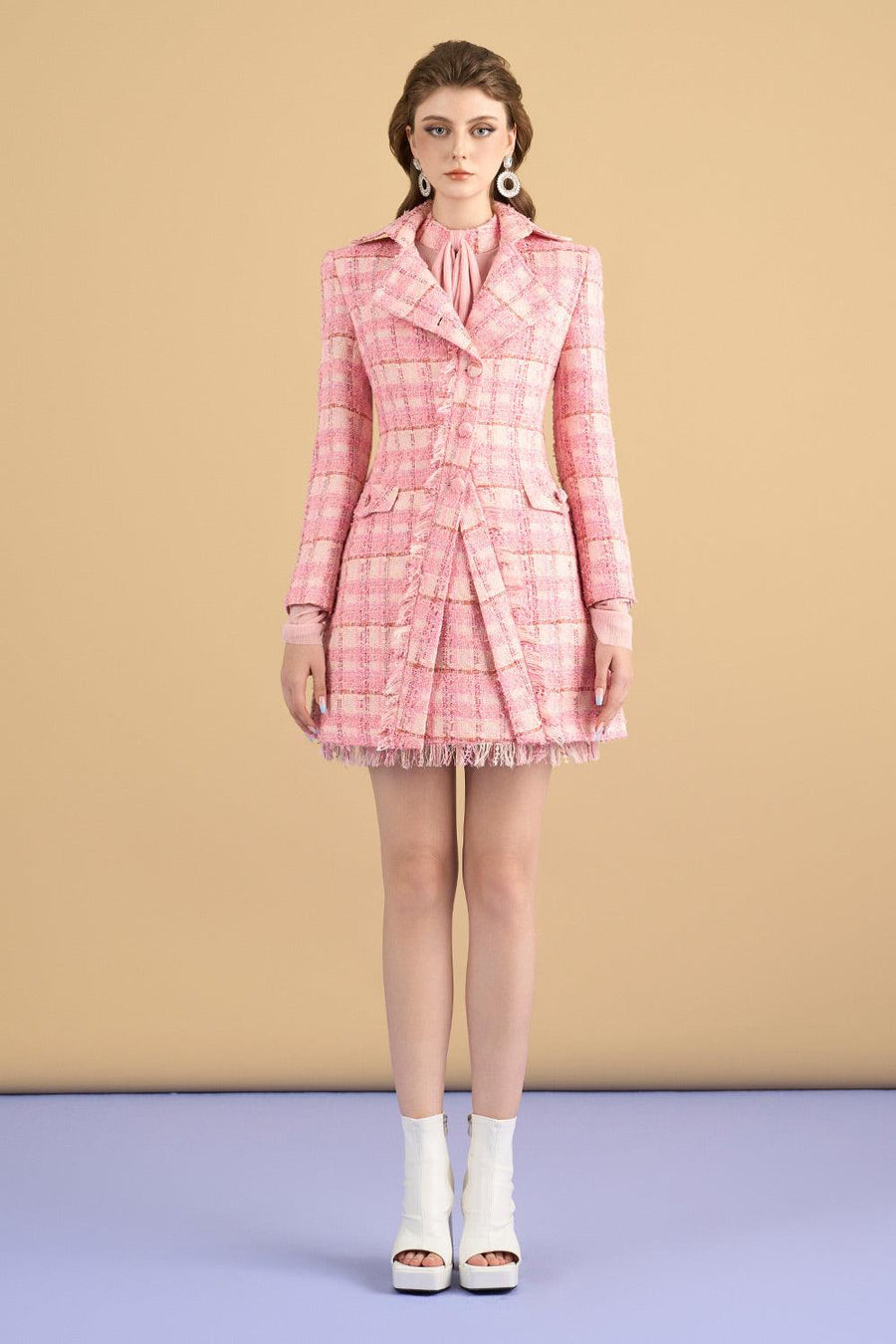 Laney A-line Notch Lapel Tweed Thigh Length Coat Coat Cordia