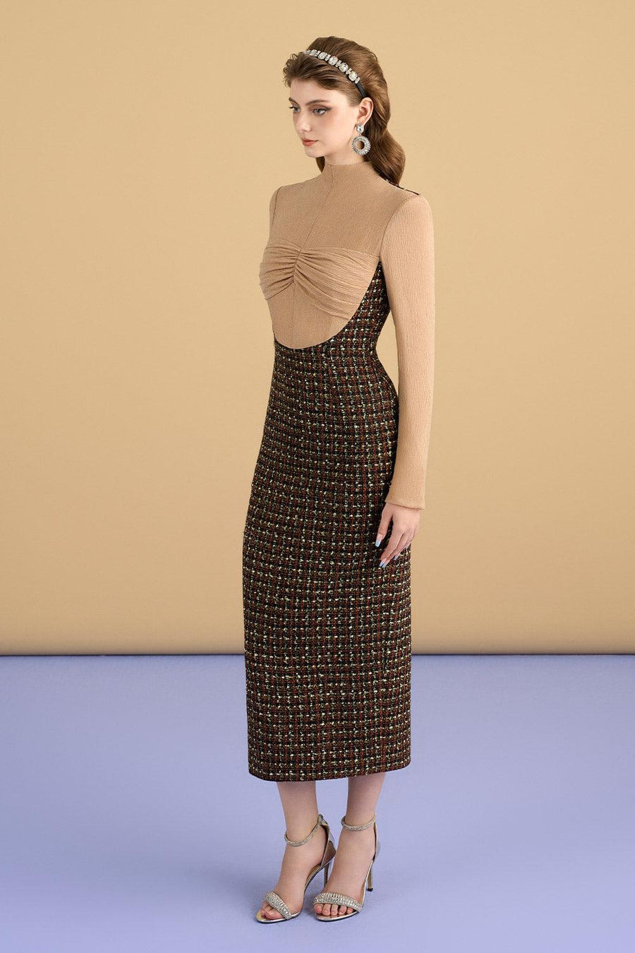 Sariah Sheath Long Sleeved Tweed Midi Dress Midi Dress Cordia