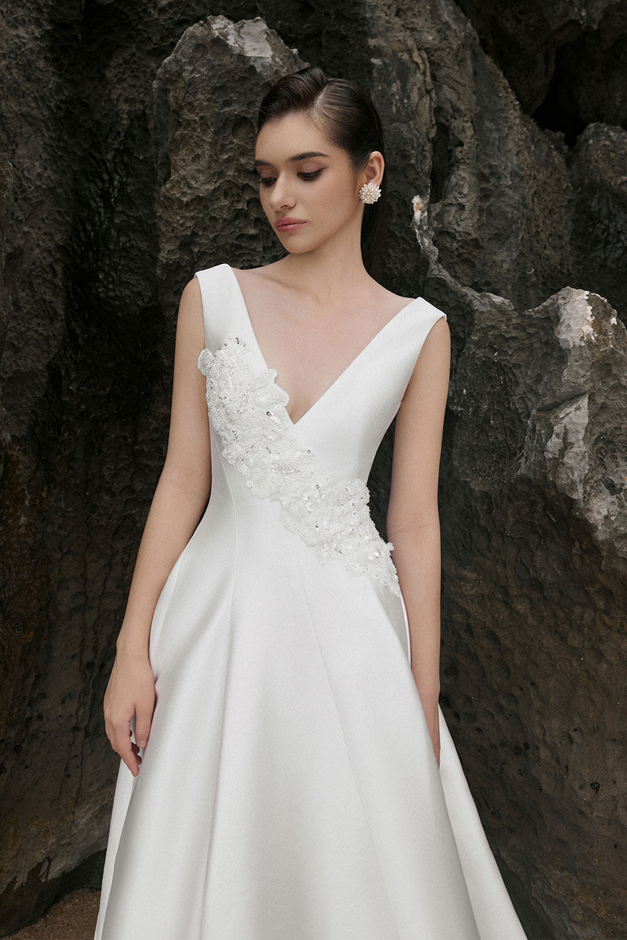 Khaleesi A-line Plunge Neck Satin Floor Length Dress 4