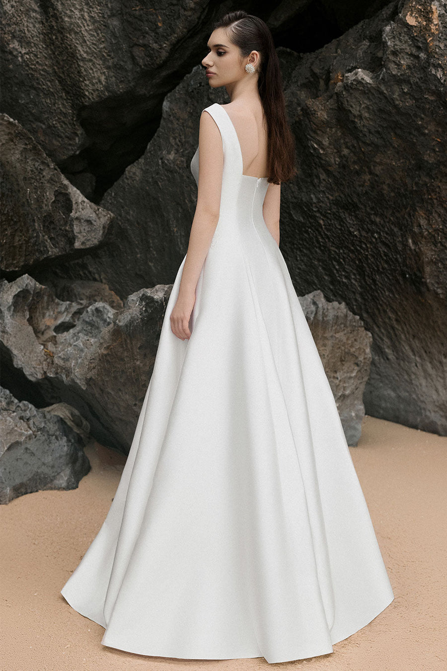 Khaleesi A-line Plunge Neck Satin Floor Length Dress 6