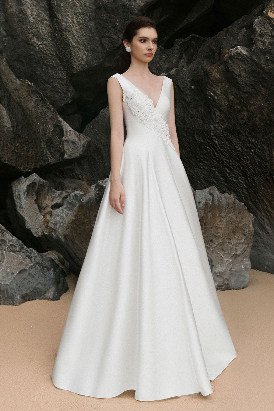 Khaleesi A-line Plunge Neck Satin Floor Length Dress 5