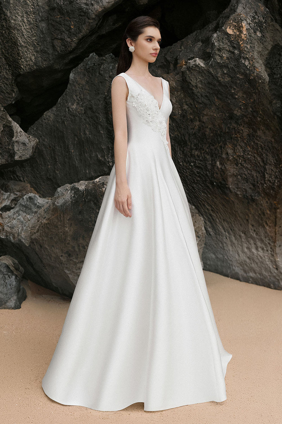 Khaleesi A-line Plunge Neck Satin Floor Length Dress 7