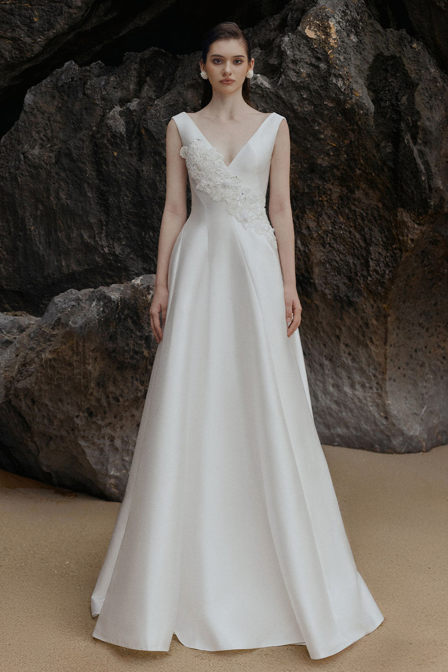 Khaleesi A-line Plunge Neck Satin Floor Length Dress 1