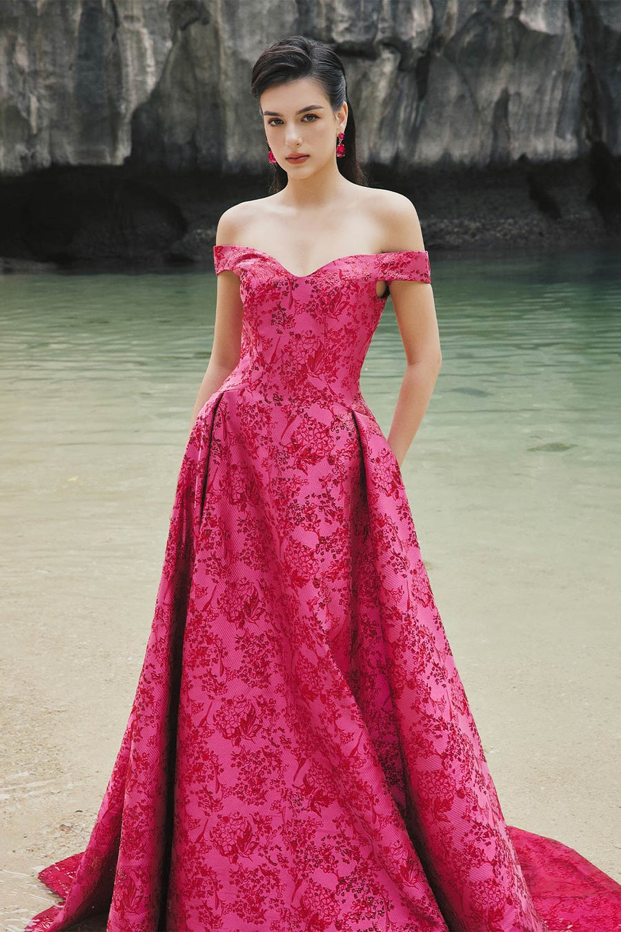 Malaya Ball Gown Off-Shoulder Brocade Extra Long Length Dress 2