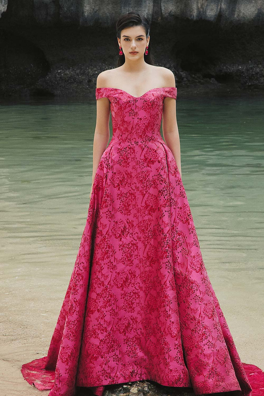 Malaya Ball Gown Off-Shoulder Brocade Extra Long Length Dress 1