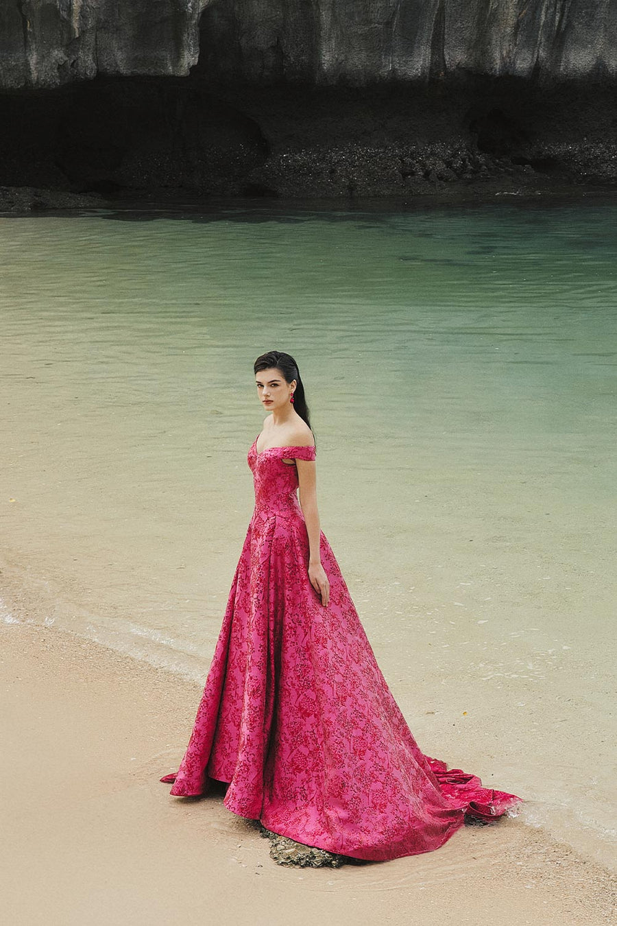 Malaya Ball Gown Off-Shoulder Brocade Extra Long Length Dress 5