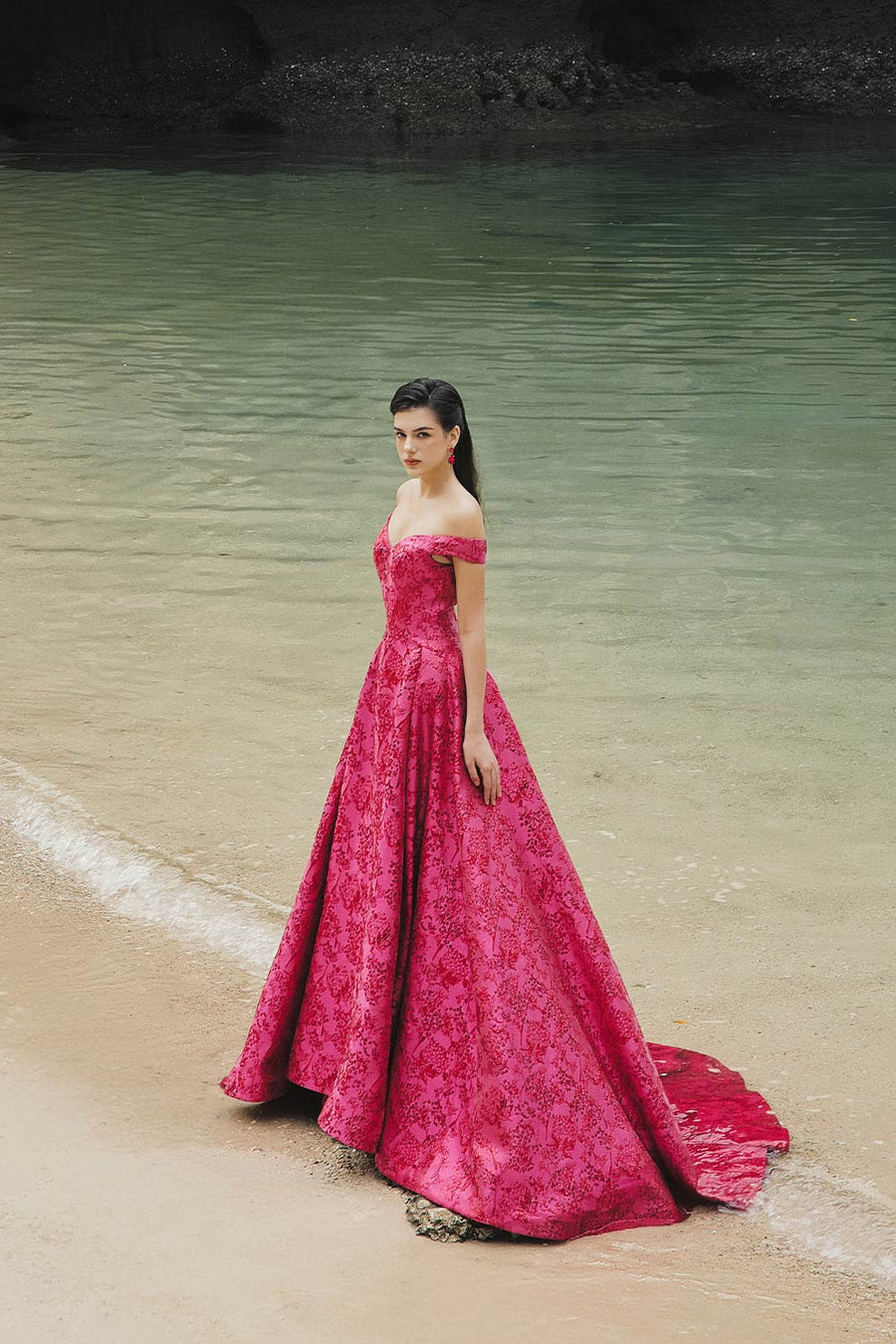 Malaya Ball Gown Off-Shoulder Brocade Extra Long Length Dress 6