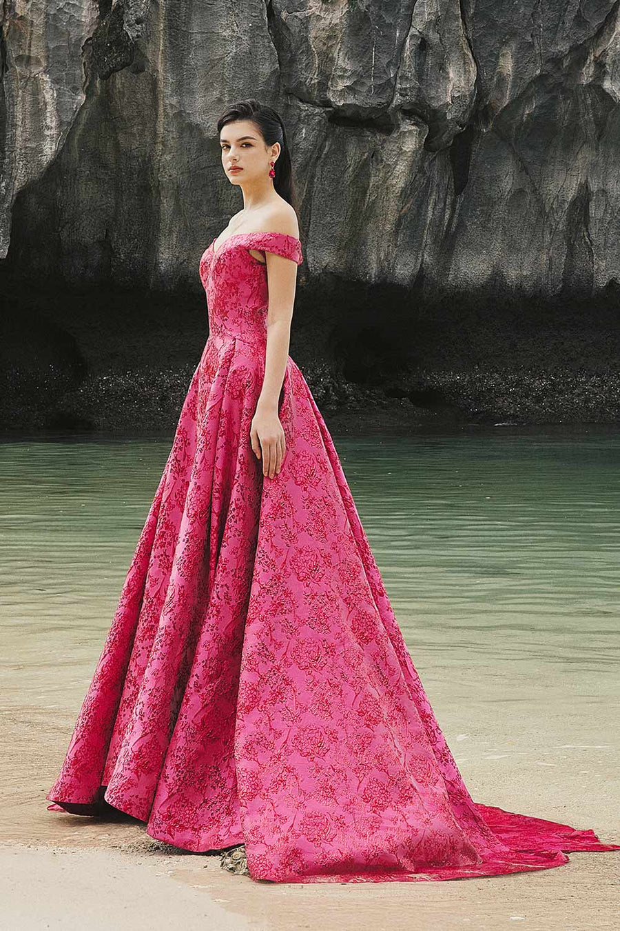 Malaya Ball Gown Off-Shoulder Brocade Extra Long Length Dress 4