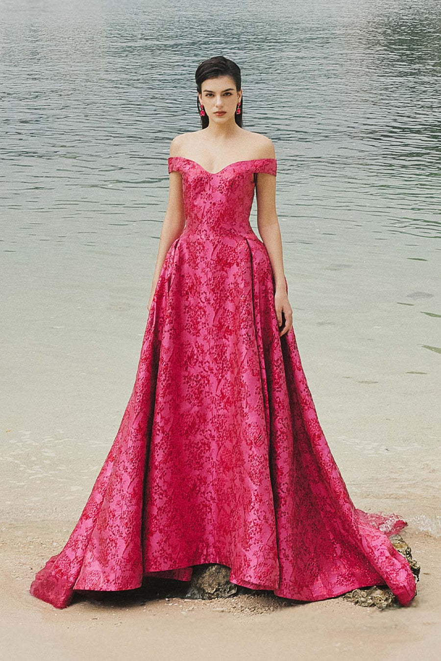 Malaya Ball Gown Off-Shoulder Brocade Extra Long Length Dress 3