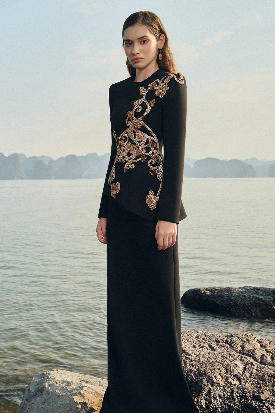 Makenzie Peplum Embroidered Velvet Satin Floor Length Dress 5