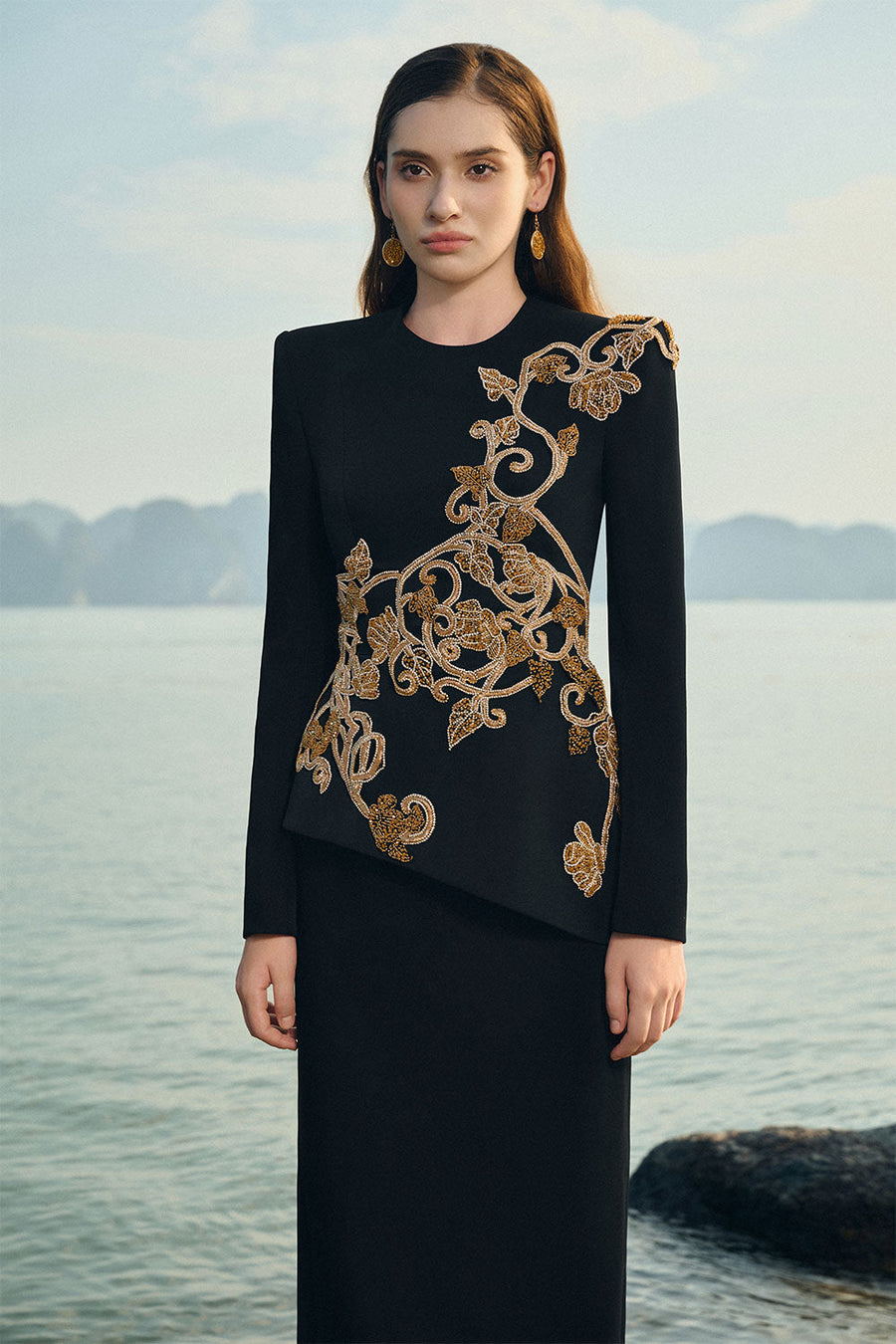 Makenzie Peplum Embroidered Velvet Satin Floor Length Dress 3