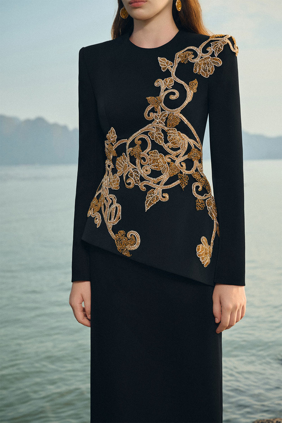 Makenzie Peplum Embroidered Velvet Satin Floor Length Dress 2