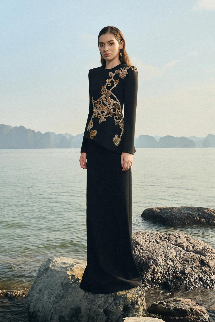 Makenzie Peplum Embroidered Velvet Satin Floor Length Dress 7
