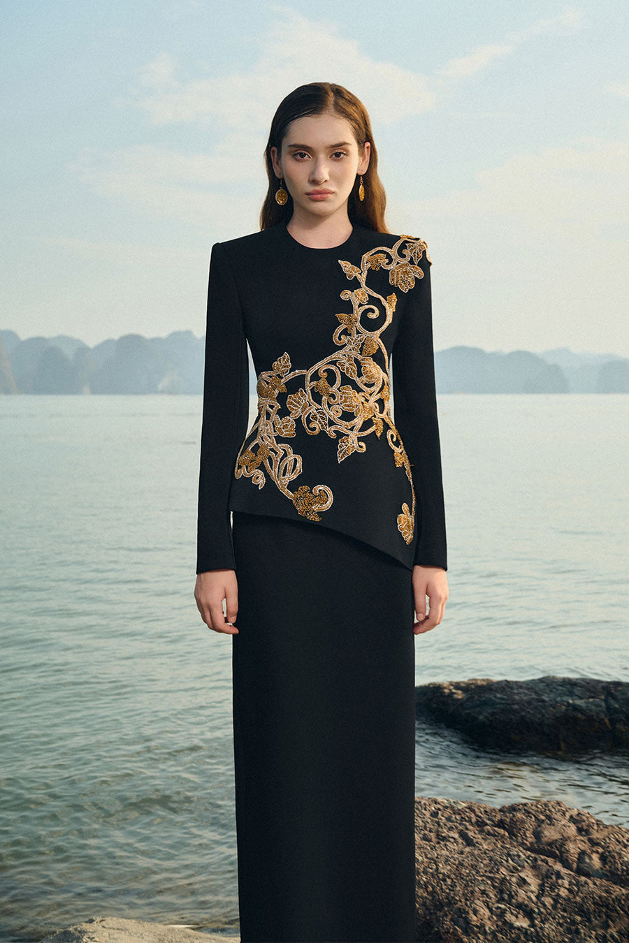 Makenzie Peplum Embroidered Velvet Satin Floor Length Dress 4