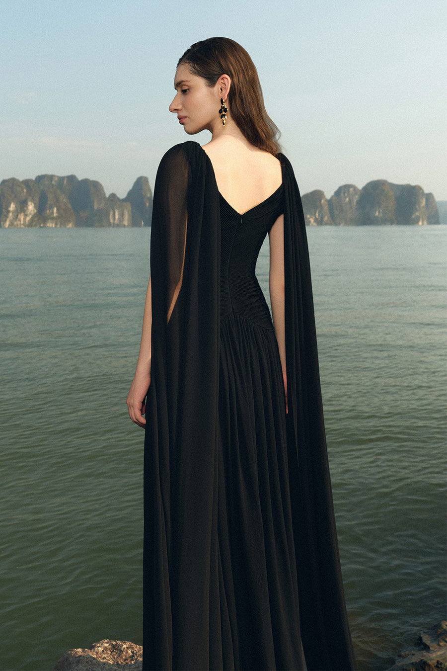 Nalani Gathered Cape Sleeved Chiffon Floor Length Dress 6