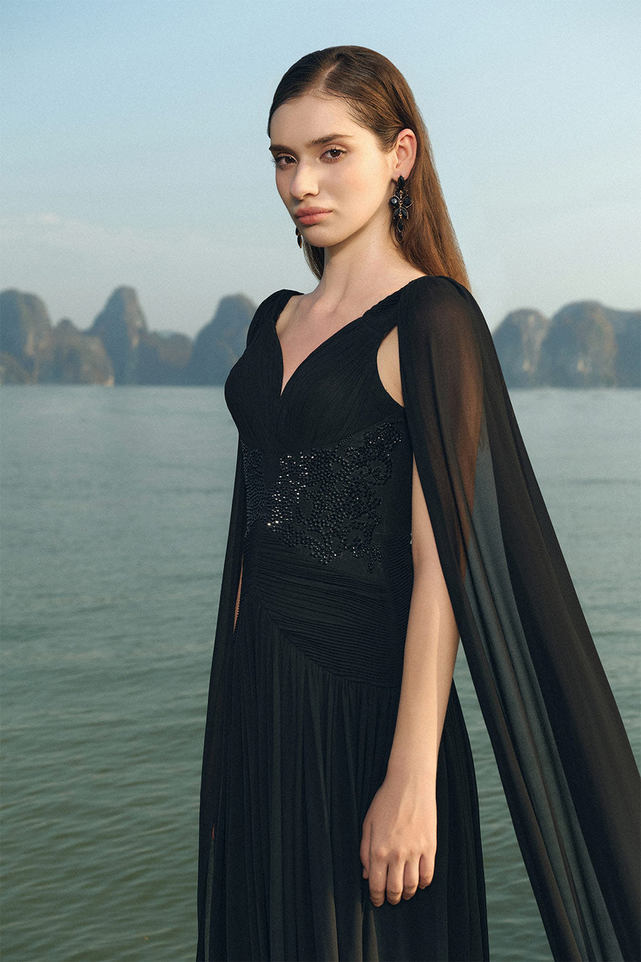 Nalani Gathered Cape Sleeved Chiffon Floor Length Dress 5