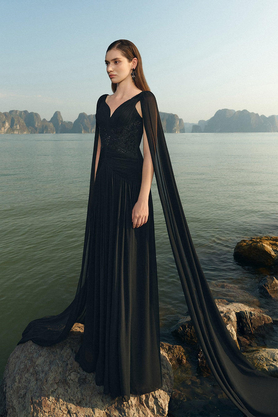 Nalani Gathered Cape Sleeved Chiffon Floor Length Dress 9
