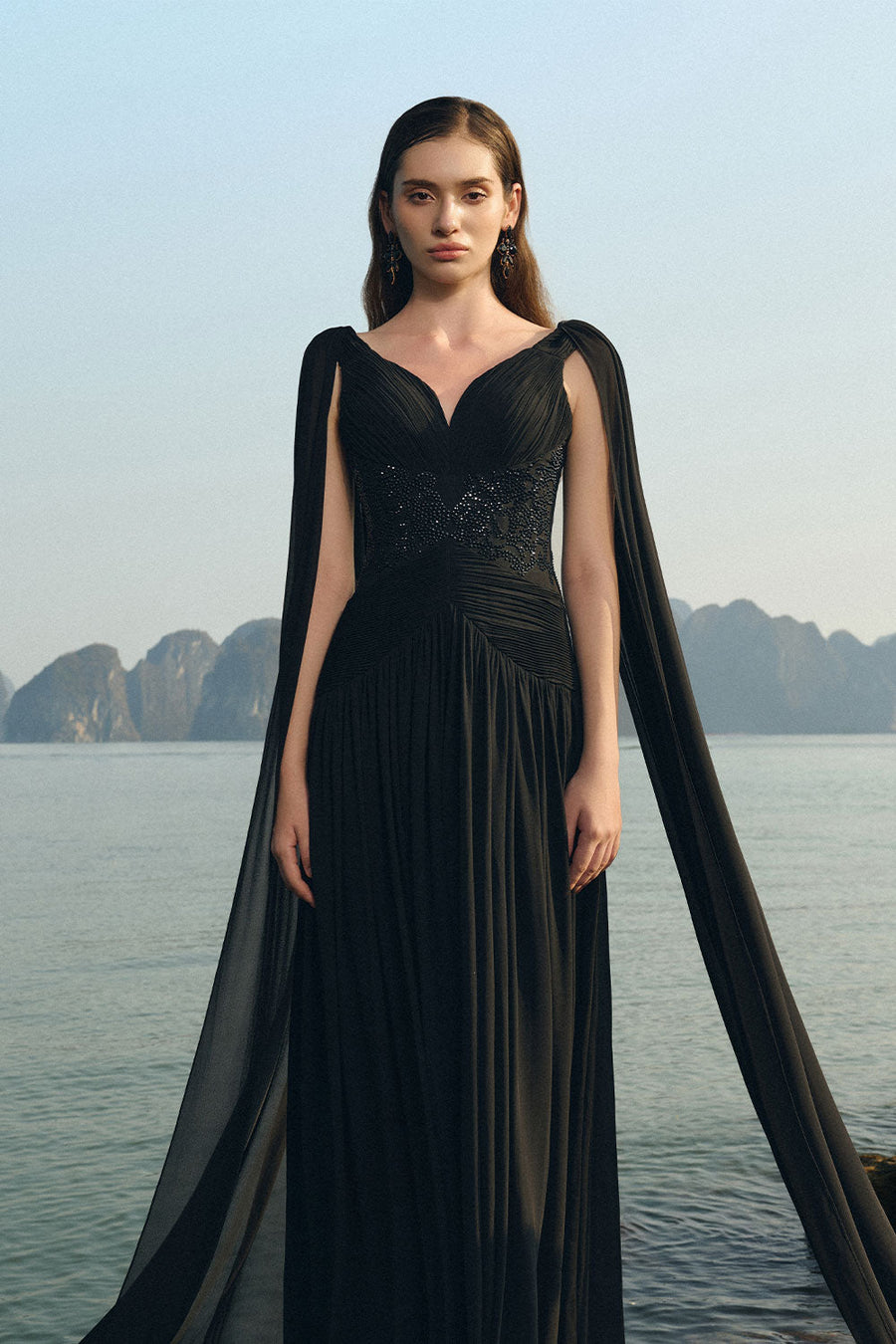 Nalani Gathered Cape Sleeved Chiffon Floor Length Dress 4