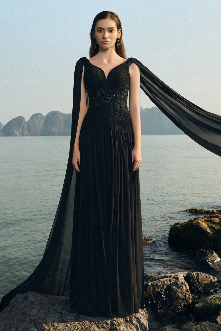 Nalani Gathered Cape Sleeved Chiffon Floor Length Dress 7