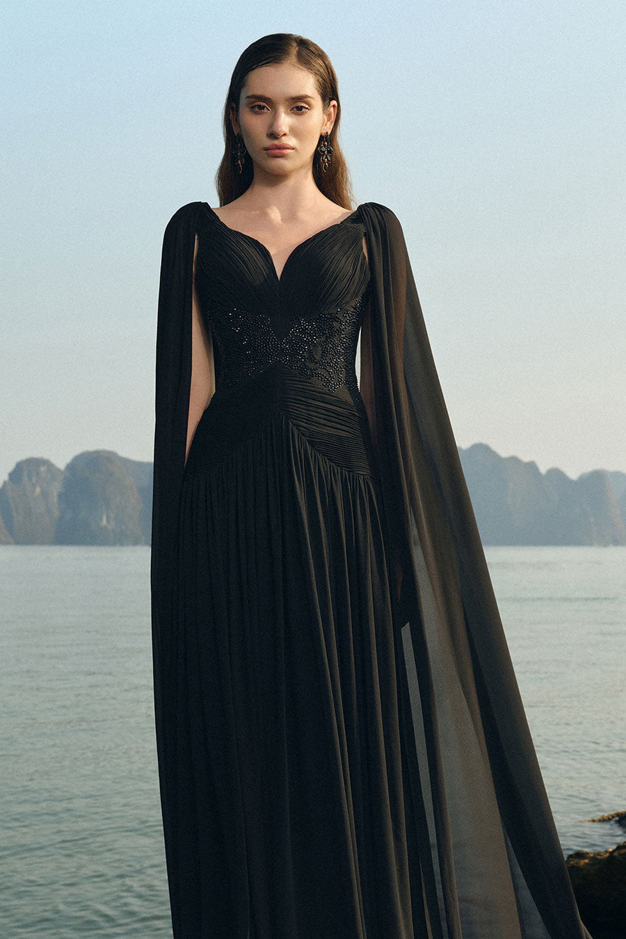 Nalani Gathered Cape Sleeved Chiffon Floor Length Dress 2