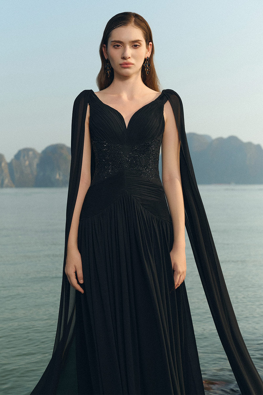 Nalani Gathered Cape Sleeved Chiffon Floor Length Dress 3