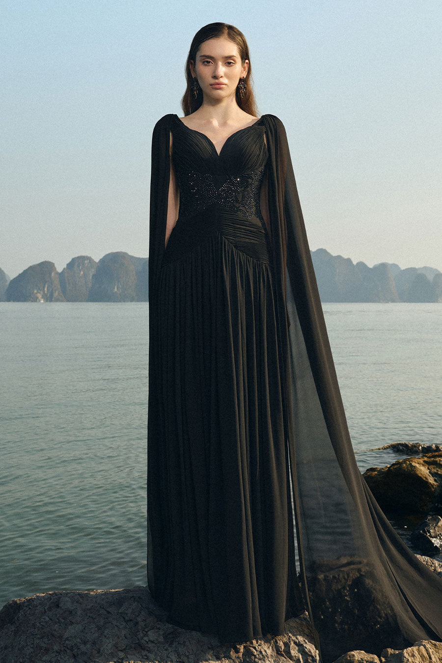 Nalani Gathered Cape Sleeved Chiffon Floor Length Dress 8