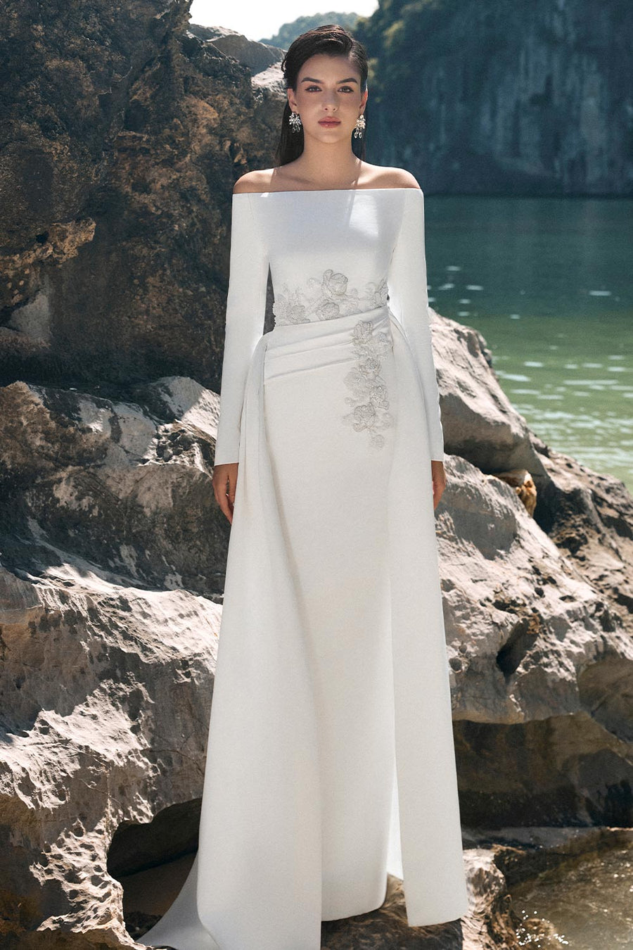 Jazmine Sheath Off-Shoulder Satin Floor Length Dress 3