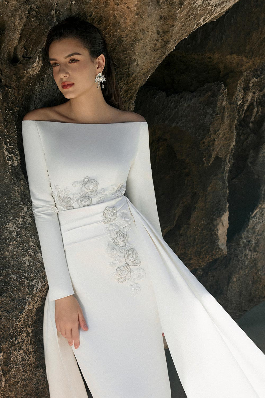 Jazmine Sheath Off-Shoulder Satin Floor Length Dress 2