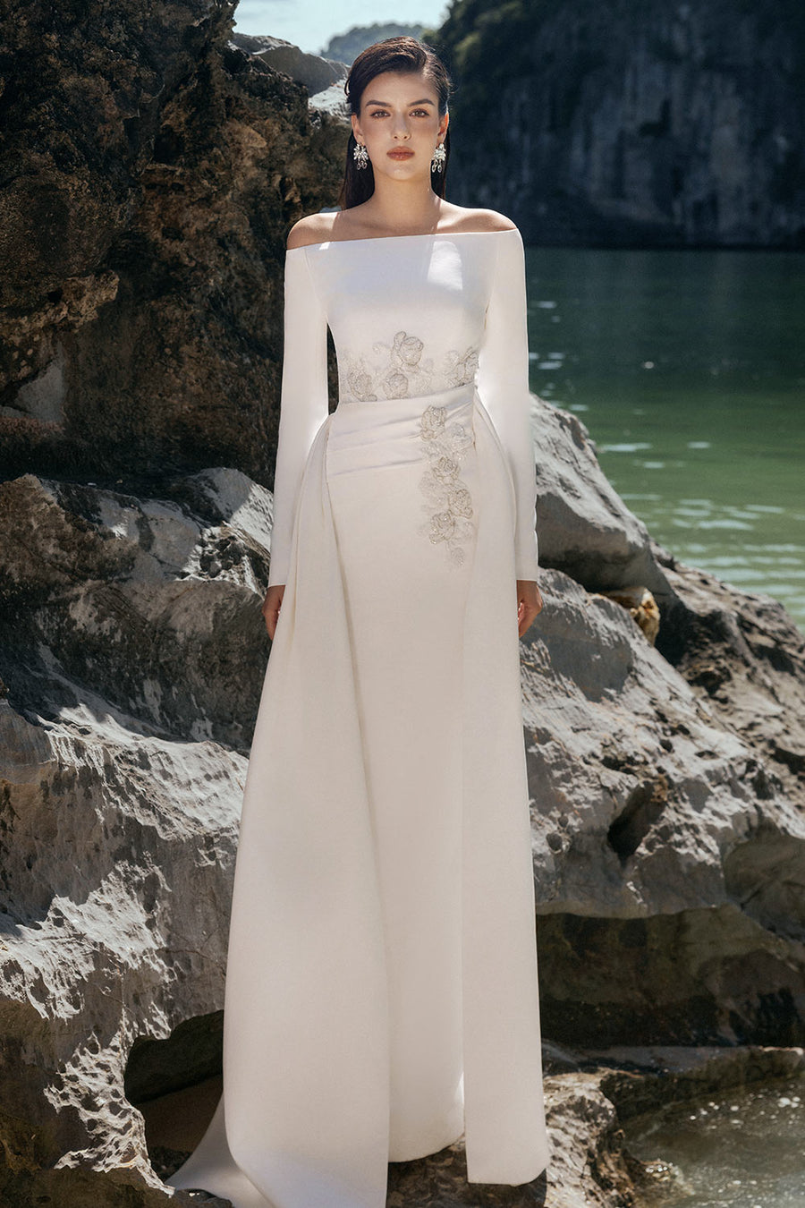 Jazmine Sheath Off-Shoulder Satin Floor Length Dress 1