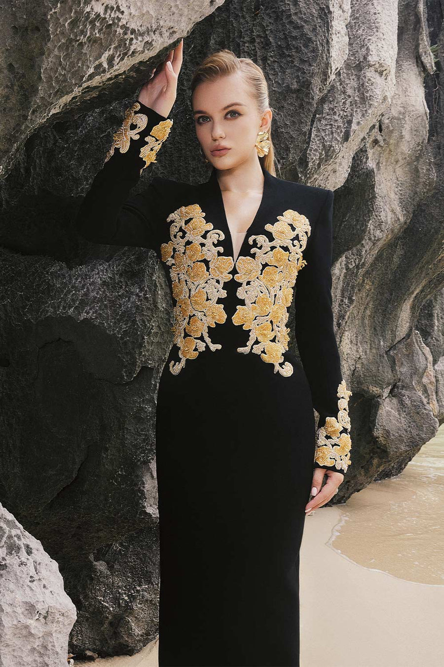 Ariella Sheath Embroidered Crepe Floor Length Dress 2