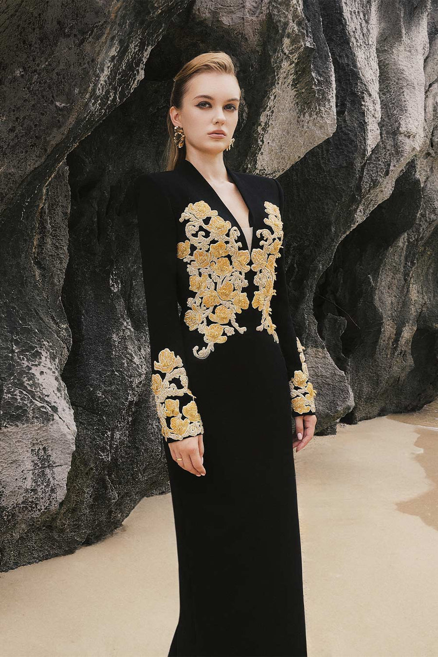 Ariella Sheath Embroidered Crepe Floor Length Dress 3