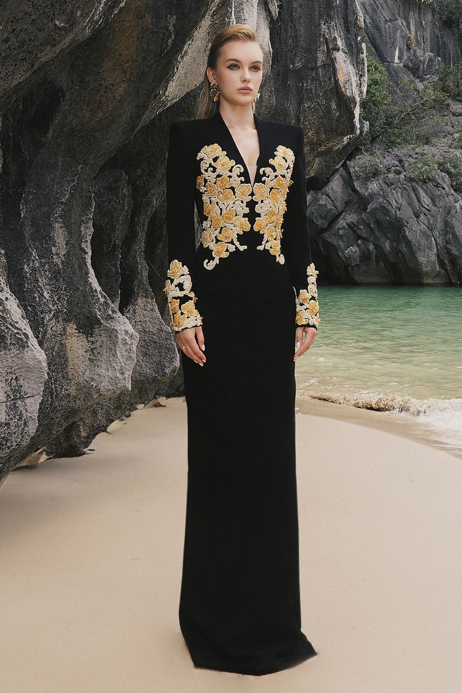 Ariella Sheath Embroidered Crepe Floor Length Dress 1