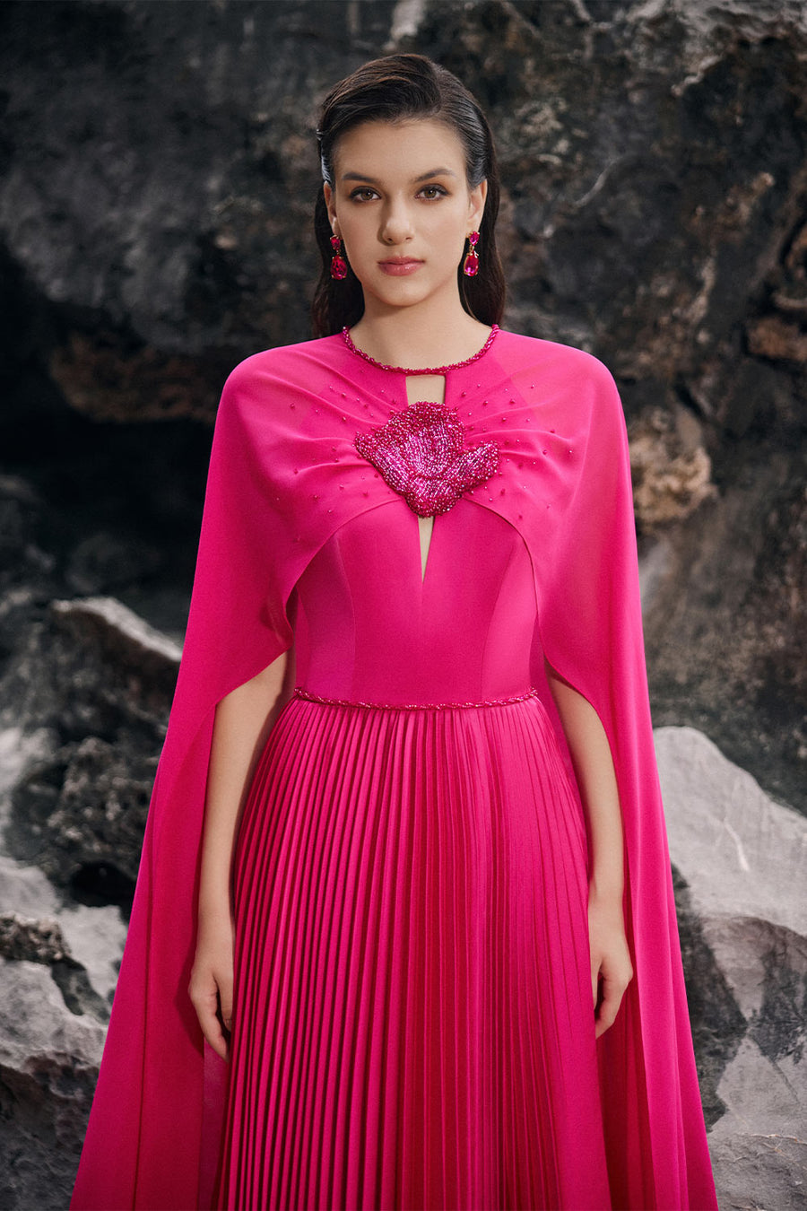 Ava Pleated Cape Sleeved Silk Floor Length Dress 2