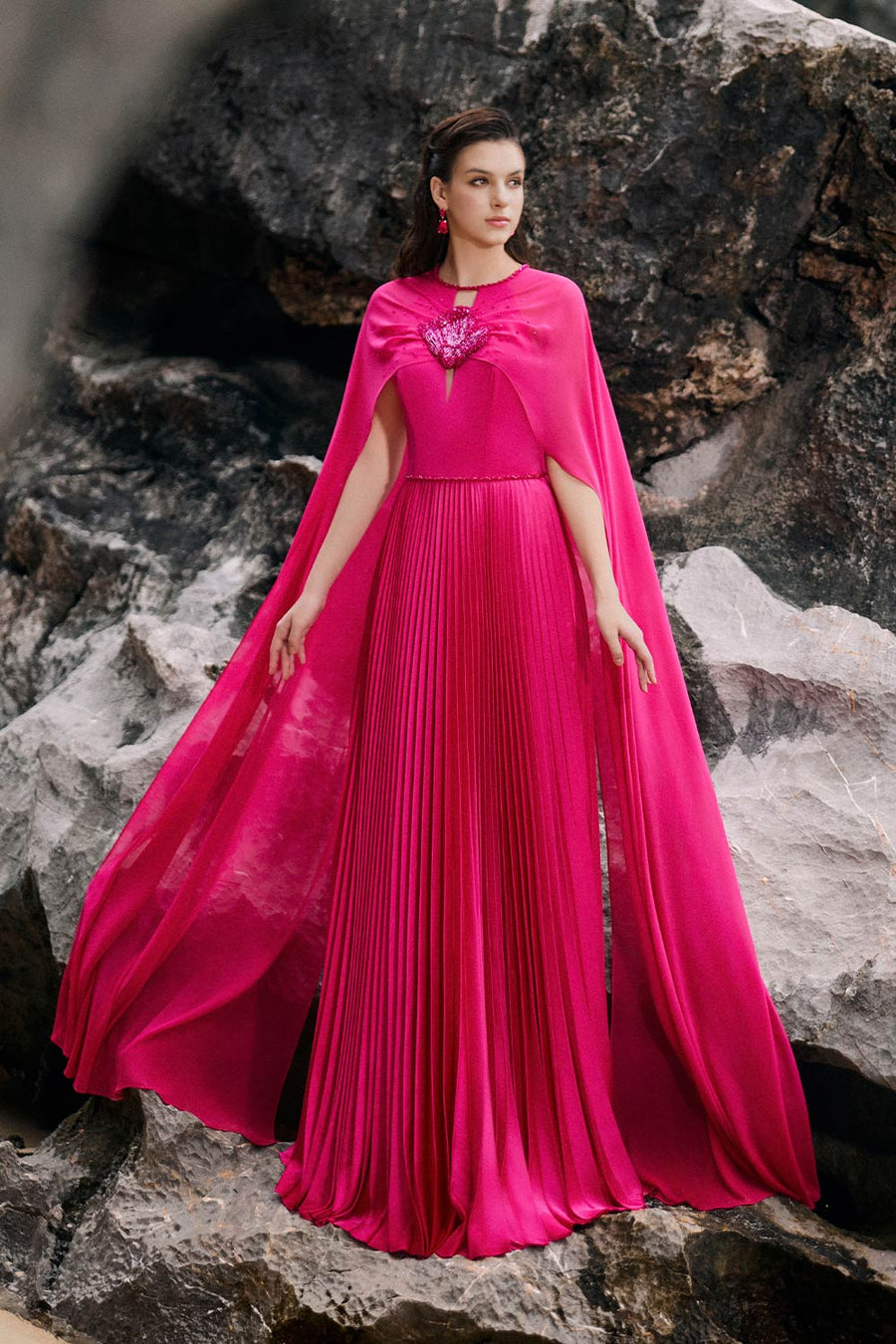 Ava Pleated Cape Sleeved Silk Floor Length Dress 5