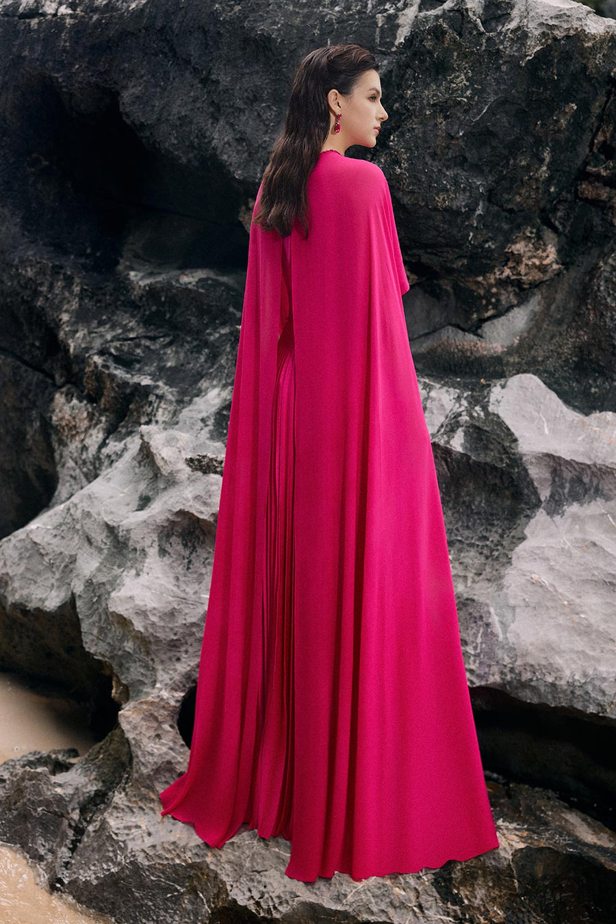Ava Pleated Cape Sleeved Silk Floor Length Dress 6