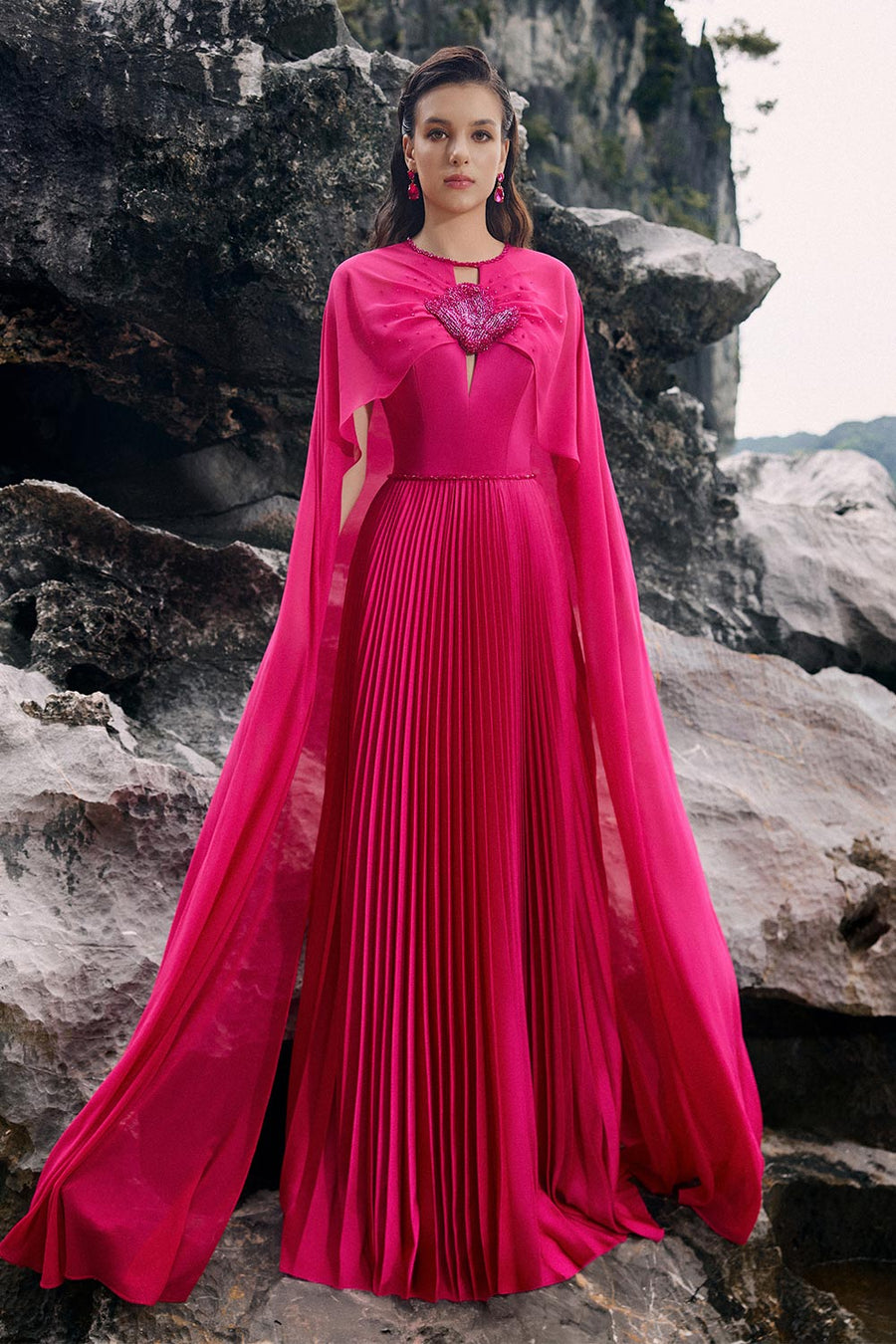 Ava Pleated Cape Sleeved Silk Floor Length Dress 7