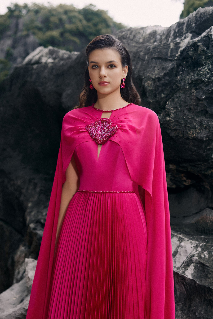 Ava Pleated Cape Sleeved Silk Floor Length Dress 3