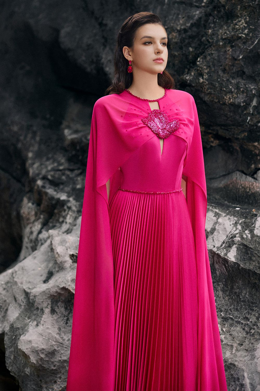 Ava Pleated Cape Sleeved Silk Floor Length Dress 4