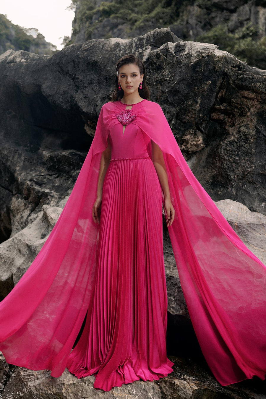 Ava Pleated Cape Sleeved Silk Floor Length Dress 8