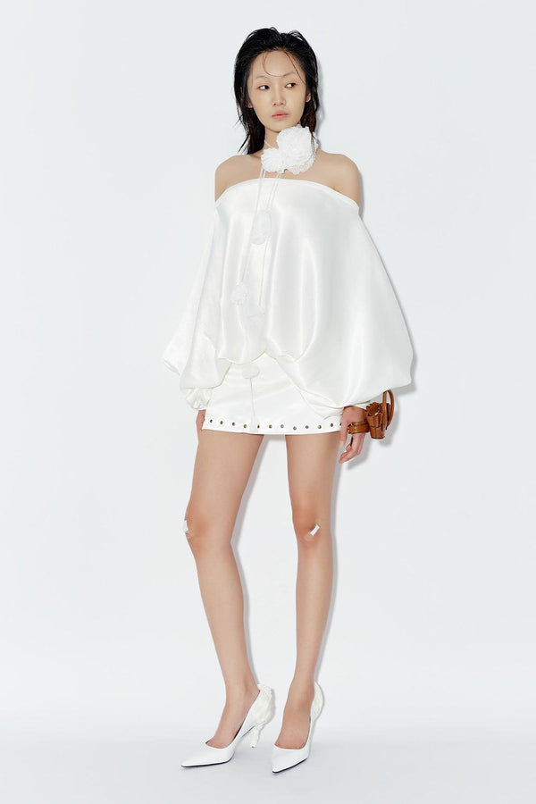 Marbles Blouson Off-Shoulder Silk Mini Dress